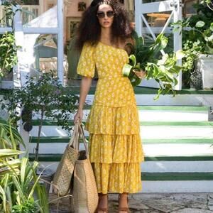 Veronica Beard Yellow Floral One-Shoulder Tiered Maxi Dress